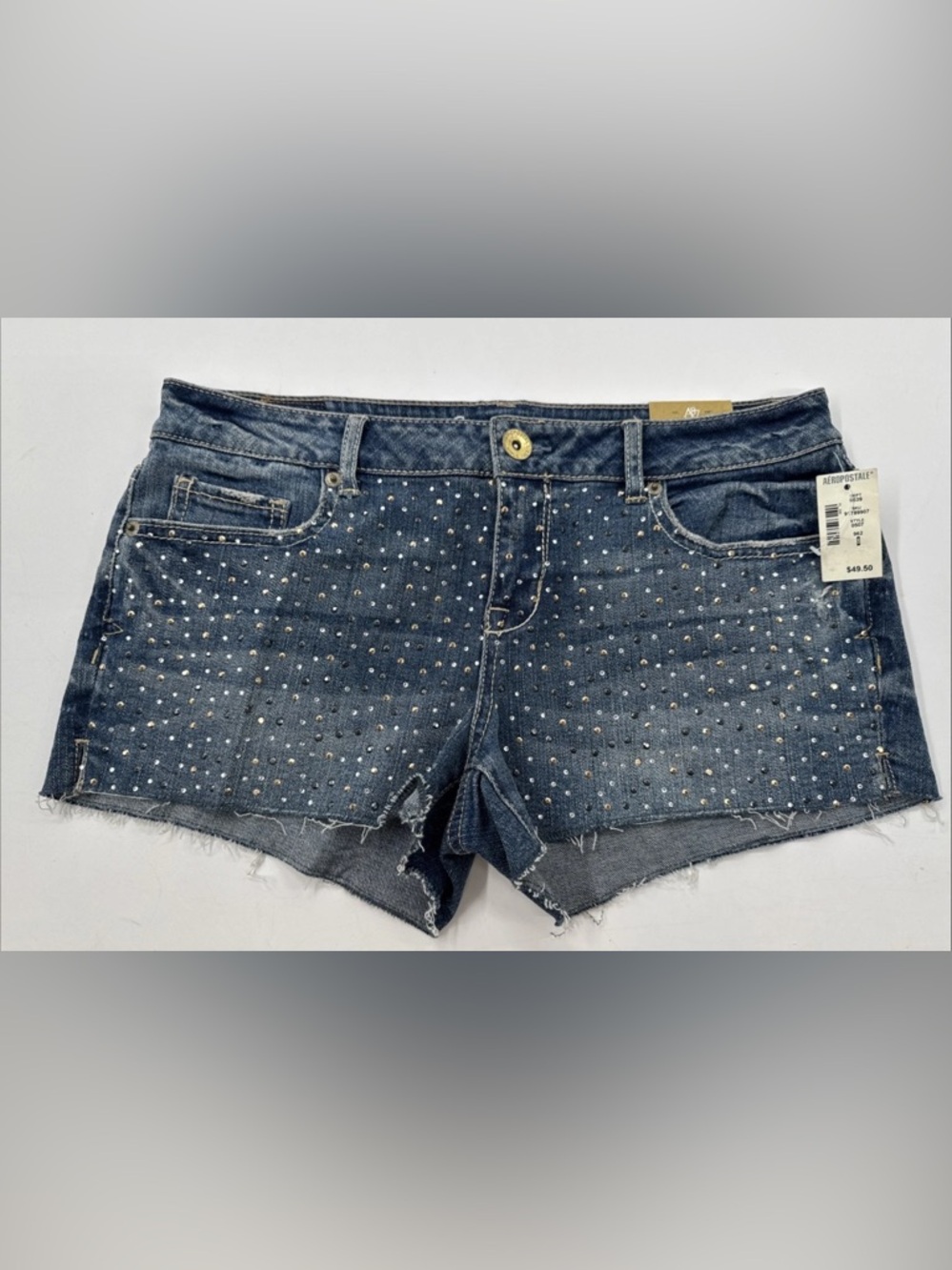 Aeropostale Shorty Denim Shorts Womens 8 Blue Stretch Bling Cut Off 2.5" NEW